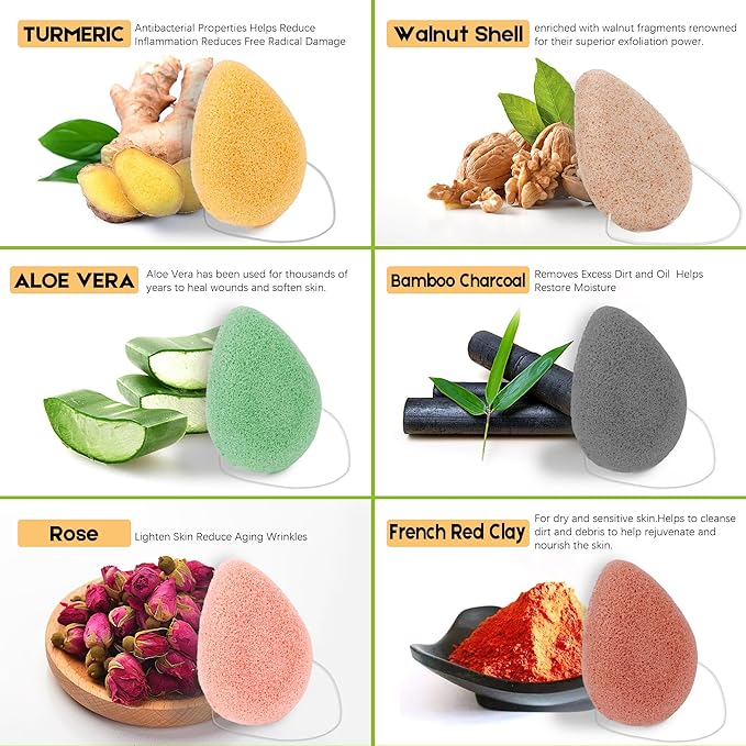 Konjac Exfoliating Organic Cleansing Facial Sponges Set - Natural Walnut Charcoal Konjac Face Scrubbers Sponge for Body Exfoliator Skincare Makeup Removal, Safe for Oily Dry Combination Sensitive Skin