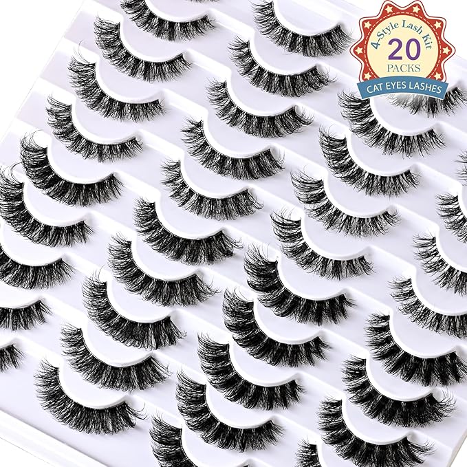 Lashes False Eyelashes Cat Eye Lash Strips 4 Styles Wispy Natural Eyelash Pack 20 Pairs Clear Band Fake Strip Lash Natural Look Fluffy Cateye Mink EyeLash Set Short Demi Wispies Pestañas