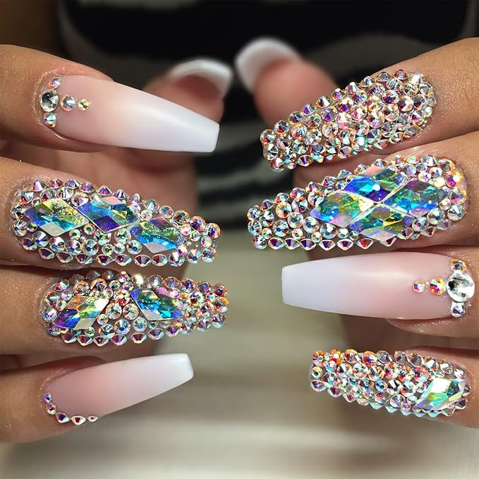 HNUIX Nail Rhinestones - 4550pcs Crystal AB, Multiple Shape Gems, Flatback Rhinestones, with Kit and Glue Gel, for Nail Art