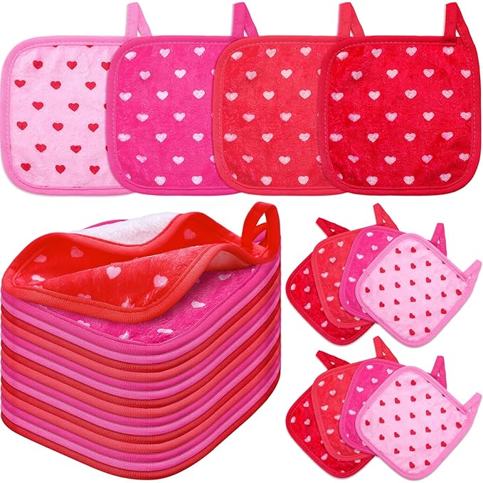 Frienda 24 Pcs Galentines' Valentines' Day Heart Makeup Remover Cloth 6" x 6" Towels Reusable Washable Remover Pads Soft Microfiber Washcloths Facial Cloths Makeup Towel Galentines' Gifts for Women