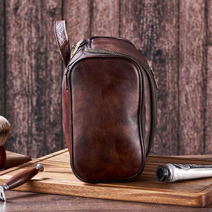 Toiletry Bag For Men, Genuine Leather Toiletries Organizer, Large Travel Hanging Toiletry Bag Water-resistant Bathroom Shaving Kit for Cosmetics, Makeup Case Travel Dopp Kit