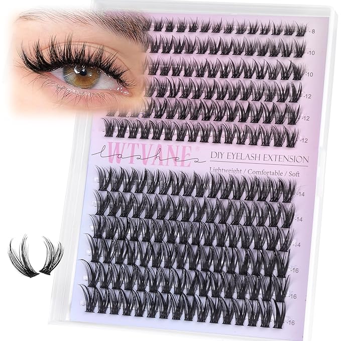 Wtvane Lash Clusters Wispy Eyelash Clusters 8-16mm Natural Cluster Eyelash Extensions Fairy Lashes Clusters False Eyelashes CD-Curly 192Pcs Individual Lashes DIY Natural Manga Lashes Look at Home
