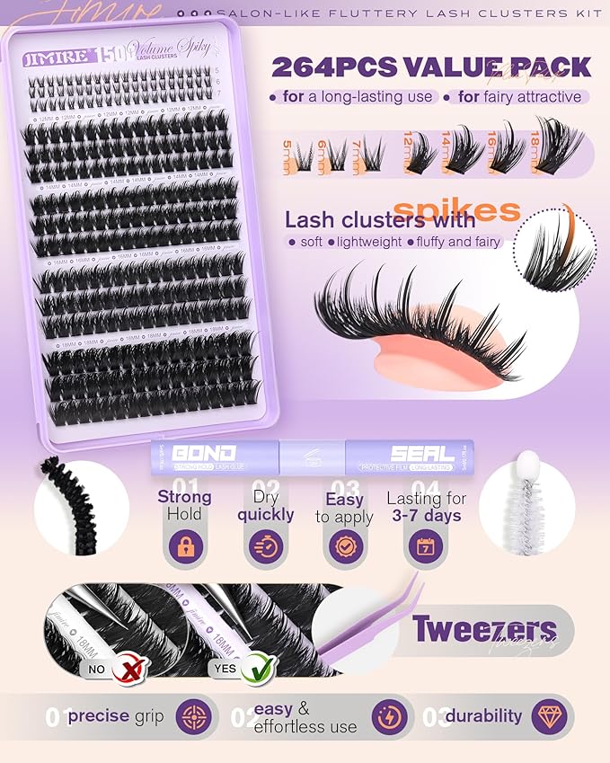 Manga Lash Clusters Kit Fairy Lash Clusters with Spikes Eyelash Clusters with Bottom Lashes 12-18MM Wispy Lash Extension Kit with Lash Bond and Seal DIY Cluster Lashes Kit DIY at Home by JIMIRE