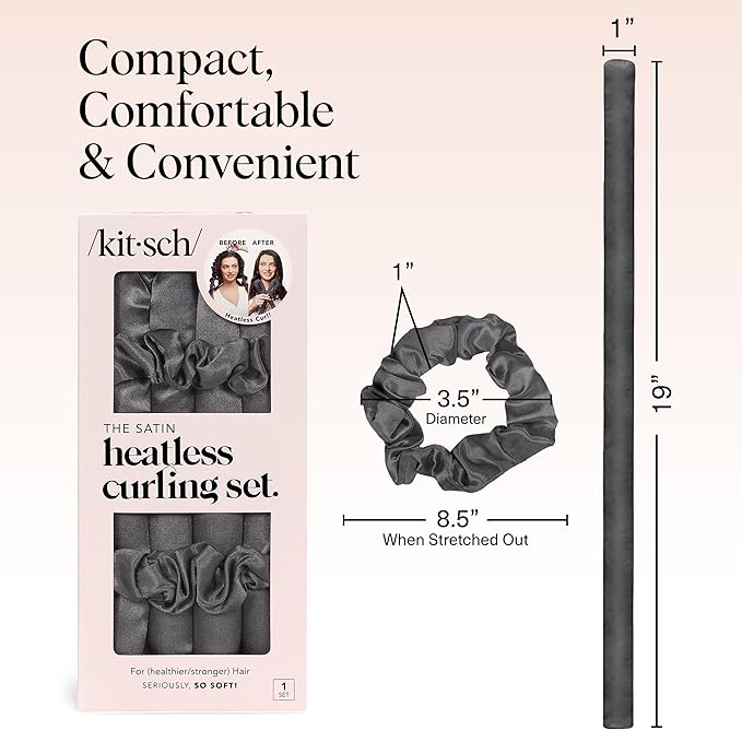 Kitsch Satin Heatless Curling Set – Heatless Curls Overnight with 34" Hair Curler & 2 Satin Scrunchies – Comfortable Hair Curlers to Sleep In for Frizz-Free, No Heat Damage Styling - Charcoal