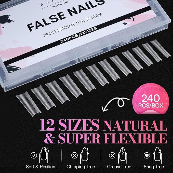 Makartt Half Cover Square Nail Tips: No C Curve Clear Acrylic XXL Extra Long Pre-shaped, Full Matte, 240 PCS, 12 Sizes, Fake Nails for Extensions Manicure Salon Home DIY