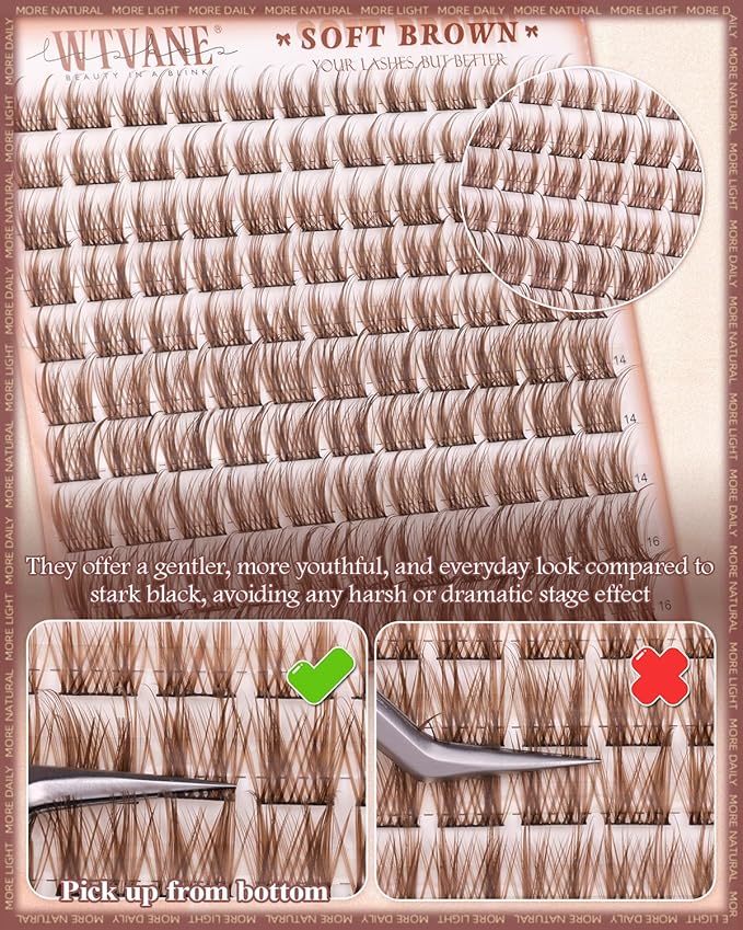 Wtvane Brown Lash Clusters Wispy Eyelash Clusters with Spikes Natural Lash Extensions Dark Brown Manga Lashes Clusters 10-16mm Cluster Eyelashes Extensions C-Curly Individual Lashes Anime Eye Lashes