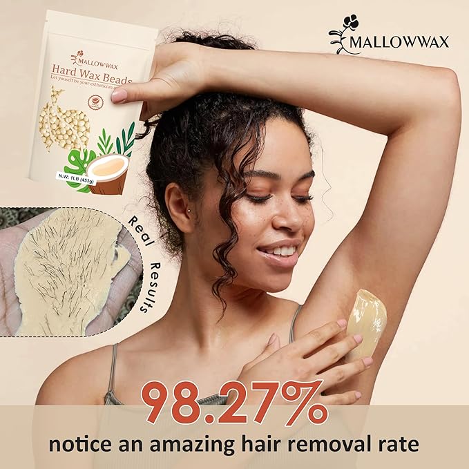 Mallowwax Hard Wax Beads, 1lb Cream Wax Beans for Hair Removal, Waxing Beads Refill for Bikini, Armpit, Arms, Back, Chest, Legs, Suitable for Home Waxing for Women Men