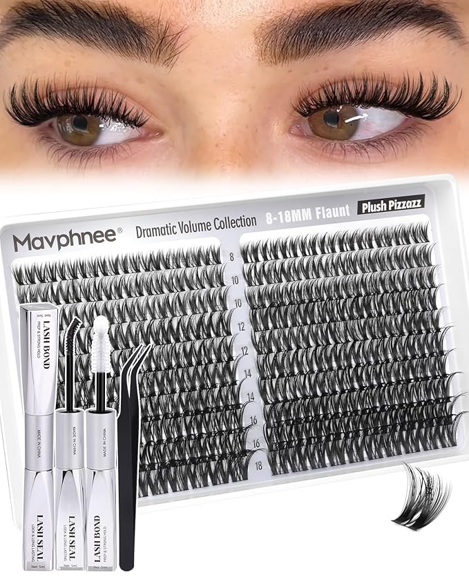 Flaunt Lash Clusters Kit Wispy Cluster Eyelash Extensions 8-18MM Volume Individual Lashes CD Curve Wet Look Eyelash Clusters with Lash Bond and Seal Kit by Mavphnee