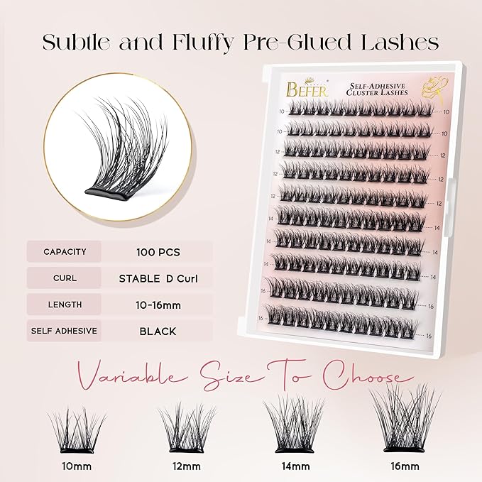 BEFER Self Adhesive Eyelashes Clusters, D Curl 10-16MM Pre Glued Lash Natural Look No Glue No Remover Needed Reusable Lashes Press on Eyelash Clusters Easy for Use DIY at Home(ZE02,Vigor)
