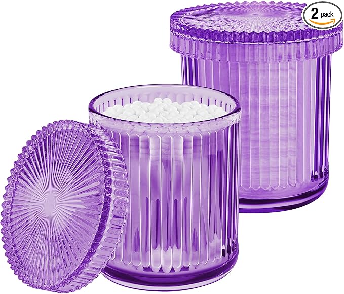 MKOSAB 2 Pack Qtip Holder - Apothecary Jars with Lids, Bathroom Organizers and Storage Canister for Cotton Balls,Swabs,Floss Picks,Hair Ties,Clear Glass Vintage Bathroom Decor Jar Set (purple)