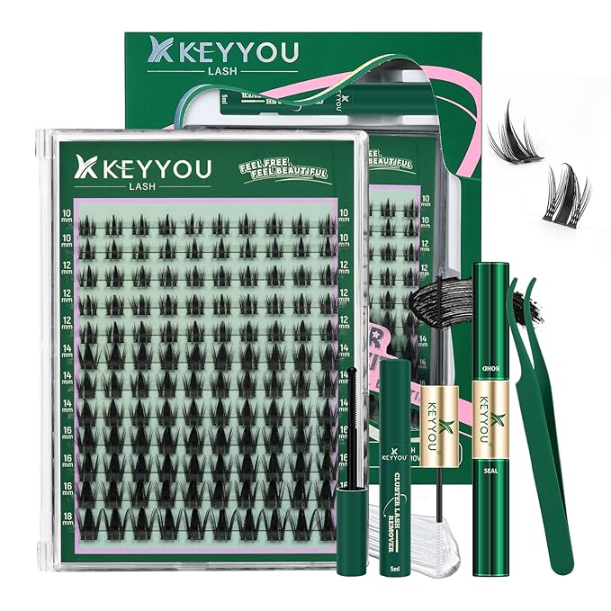 KEYYOU LASH Lash Clusters Kit Manga Lashes Individual 120pcs Wispy Lash Clusters with 10ml Remover Bond&Seal 10-18mm Eyelash Extension with Spikes D Curl Fairy Style Manga Cosplay DIY at home(F02 Kit)
