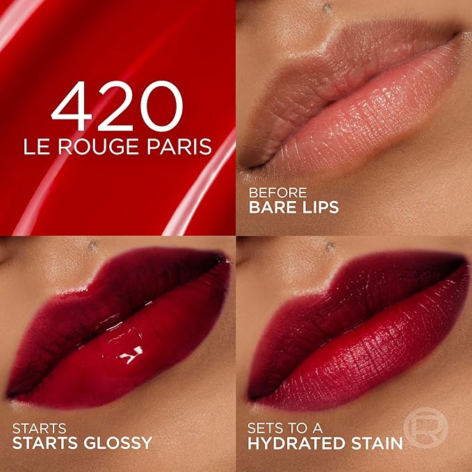 L'Oreal Paris Hyaluron Tint Lip Stain Serum, Long Lasting, Hydrating Lip Makeup Infused with Hyaluronic Acid, 420 Le Rouge Paris (Universal Red)