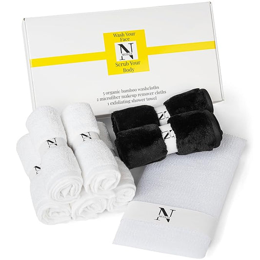 NICOLEA Premium Skincare Cleansing Set for Face & Body – 5 Bamboo Facial Cloths, 2 Microfiber Makeup Remover Cloths & 36” Exfoliating Body Towel – Premium Skincare & Self-Care Gift Set for Women
