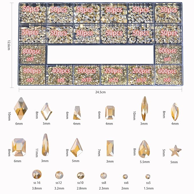 HNUIX Nail Rhinestones - 4550pcs Champagne Gold, Multiple Shape Gems, Flatback Crystal Rhinestones, with Kit and Glue Gel, for Nail Art