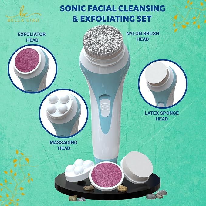 Bella Ciao 5-Piece Facial Cleansing Brush Set, Exfoliating, Massaging, and Cleansing Kit, Includes Cordless Tool, Exfoliator Head, Face Massager, Latex Sponge, and Nylon Brush, Batteries Not Included