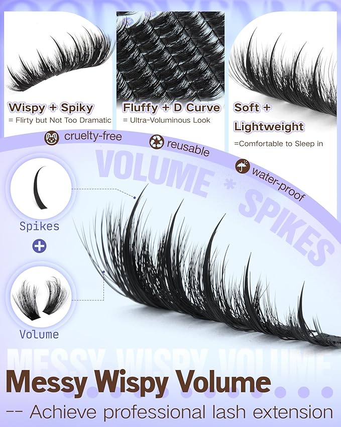 Goddvenus Manga Lashes Clusters with Spikes Messy Wispy Volume Eyelash Clusters Kit Fairy D Curl Cluster Eyelash Extensions Kit Waterproof Fluffy Anime DIY Individual Lash Cluster Extension (14-20mm)