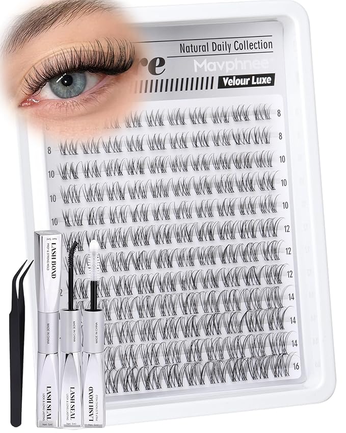 Clear Band Lash Clusters Kit Natural Cluster Eyelash Extensions Kit Wispy Individual Lashes CC-Curly Cluster Lashes Venus Eyelash Clusters Lash Bond and Seal Easy DIY Lash Kit (Velure, 8-16MM)