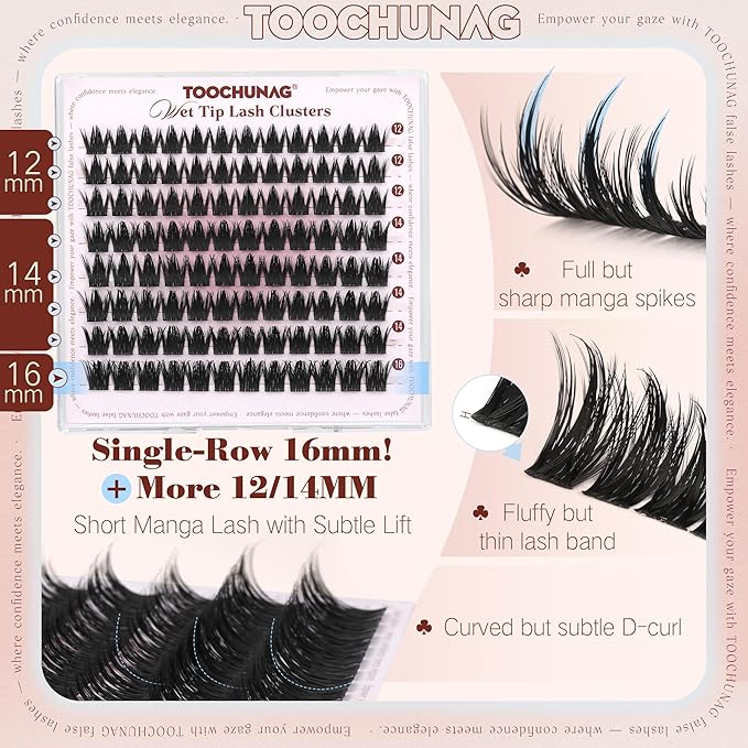 TOOCHUNAG Manga Lash Clusters 12-16MM Natural Eyelash Clusters D Curly Anime Individual Lashes Volume Cluster Eyelash Extensions Wispy False Lashes Clusters for Everyday Use