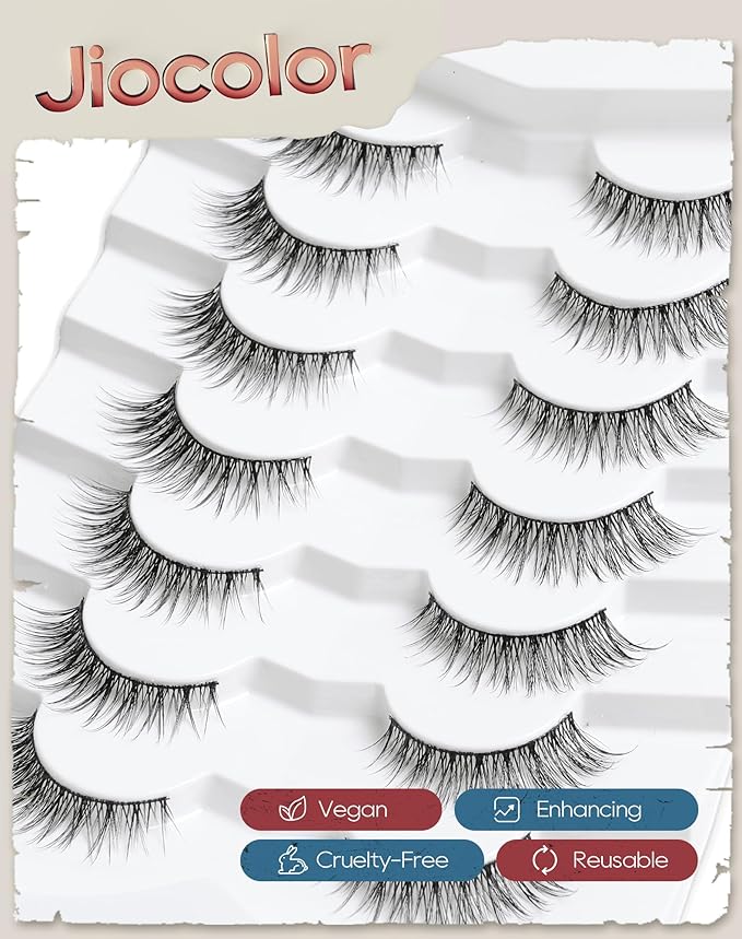 False Eyelashes Cat Eye Look Natural Short Lashes 3D Wispy Fake Eyelashes Foxy Eye Lashes 12mm Fluffy Wispies False Lashes Pack 7 Pairs S5