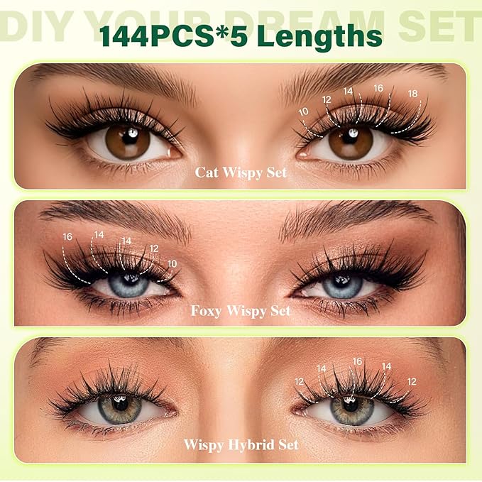 KEYYOU LASH Lash Clusters Kit Manga Lashes 8-18mm C Curl Wispy Lash Clusters Ultra-Thin Natural Lashes with Spike Eyelash Extensions 144pcs Fairy False Eyelashes with Remover Bond and Seal（F03 Kit）