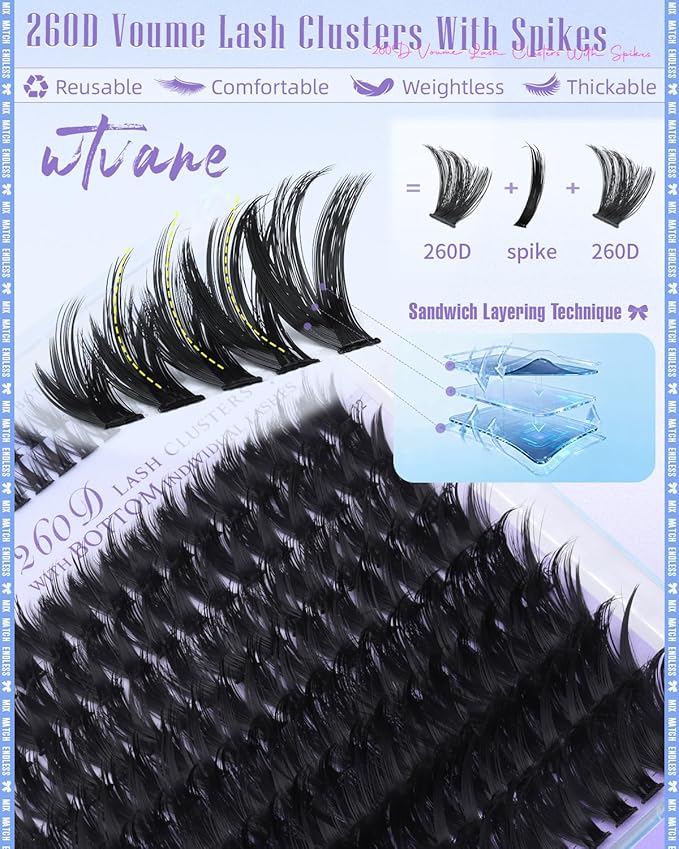 Wtvane 260D Lash Clusters Volume Eyelash Clusters 12-20mm Manga Lash Extension 6-7mm Bottom lashes Clusters D Curl Individual Lashes Long Cluster Eyelash Extensions Spiky False Eyelashes Baddie Look