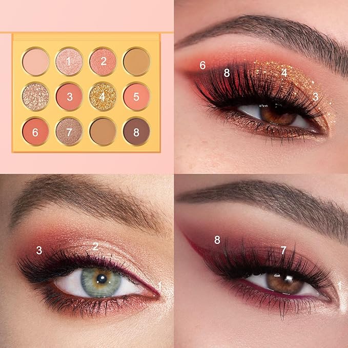 KYDA 12 Colors Warm Pink Eyeshadow Palette, Ultra-rich Glitter Rose Gold Eyeshadow, Matte Soft Pink Orange Eye Shadow Palette, Soft Blendable Powder, Warm Tone Eyes Makeup