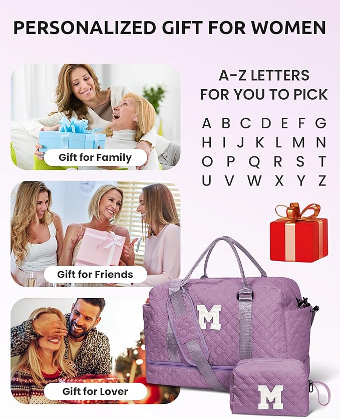Personalized Teen Duffle Bag with Shoe Compartment, Weekender Overnight Travel Bag, Monogram Letter Bag with Makeup Bag, Birthday Gift