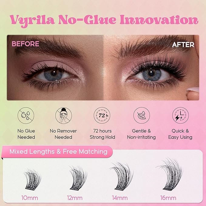 VYRILA Self Adhesive Lash Clusters Kit, D Curl Wispy Pre Glued Lash Extensions with Tweezers, Reusable 0.1mm Ultra Thin Band Natural Eyelashes, Easy Apply Eyelash Clusters for Beginners(PG-ZE04)