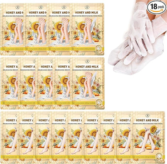 TEAWOO 18 Pairs Moisturizing Hand & Foot Masks with Honey, Milk, Vitamin E & Glycerin, Intensely Hydrating Foot Mask for Dry Cracked Feet, Moisturizing Socks for Cracked Heel Treatment