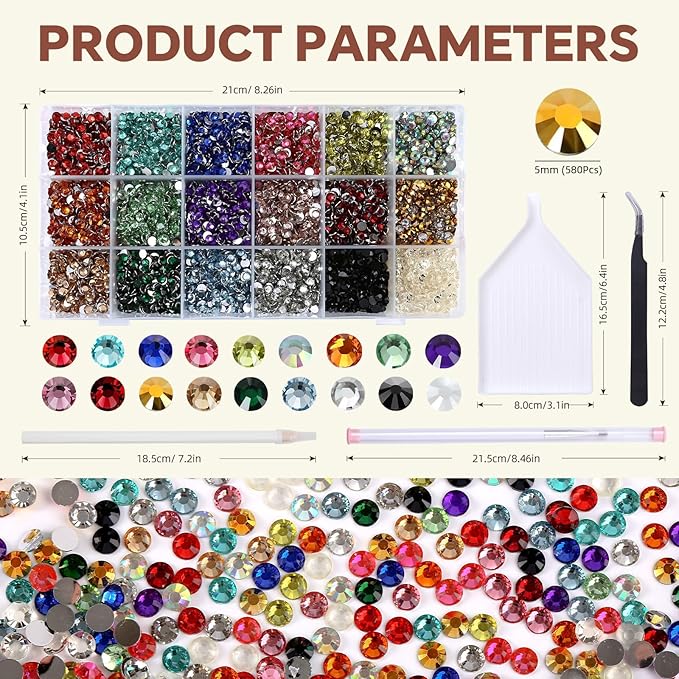 10588Pcs 5mm Mixed Color Flatback Rhinestones Kit for Nail Crafts DIY Decoration Non-hotfix Resin Round Shape Crystal