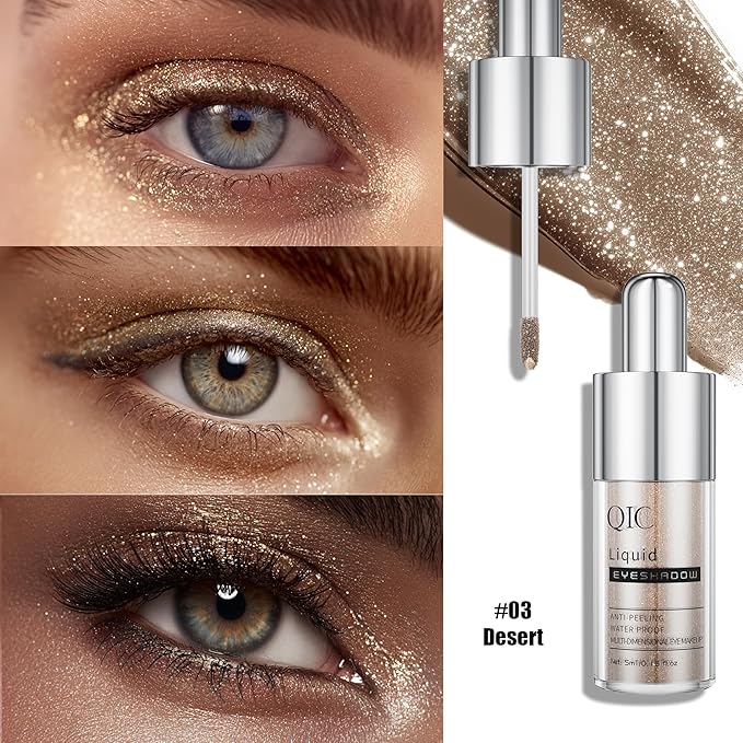 QIC Liquid Glitter Eyeshadow, Metallic & Shimmer Finish, Long Lasting, Non-Creasing, Smudge-proof, Lightweight Formula Liquid Eyeshadow for All Skin Tones, Buildable Color (03 Desert)