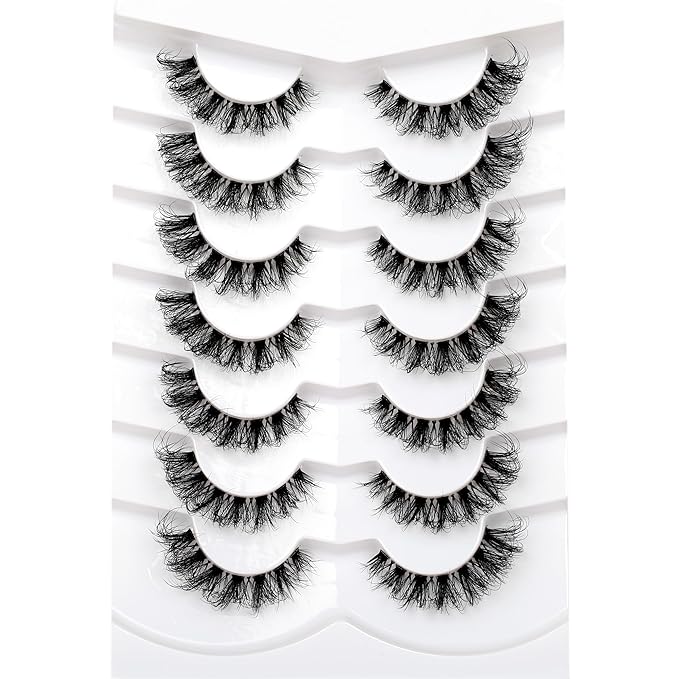 Pooplunch Fake Eyelashes Faux Mink Lashes Strips Cat Eye Wispy Volume Lashes D-Curly Clear-Band Natural 8D Extensions Wispies Short False Eyelash 7 Pairs Pack