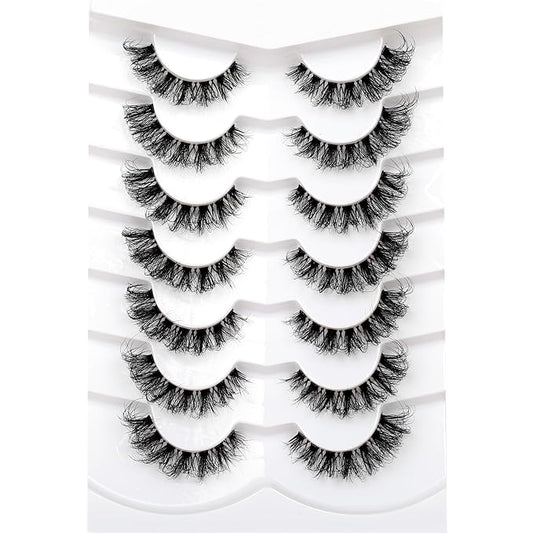 Pooplunch Fake Eyelashes Faux Mink Lashes Strips Cat Eye Wispy Volume Lashes D-Curly Clear-Band Natural 8D Extensions Wispies Short False Eyelash 7 Pairs Pack