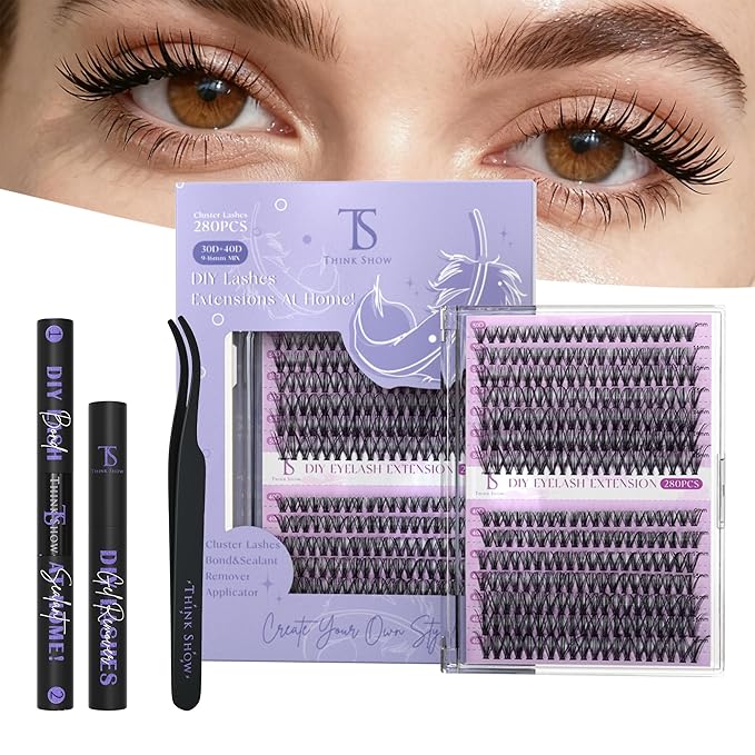 THINK SHOW 280PCS Fluffy Lash Clusters Kit - 30D & 40D Volume Lashes Clusters, 9-16mm Wispy and Natural Lash Clusters, Easy Apply at Home, Reusable & Cruelty Free Cluster Eyelash Extensions