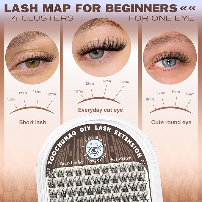 TOOCHUNAG Lash Clusters Natural Wispy Eyelash Clusters C Curly DIY Eyelashes Extensions 10-16MM Pestañas Postizas Naturales Thin Band Individual Cluster Lashes