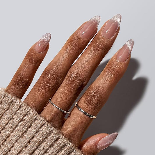 BTArtbox Press On Nails Almond - Medium Cat Eye French Tip Nails with Glue for Daily Nail Art, Fake Nail Extensions In 15 Sizes - 30 Nail Kit, Liquid Radiance