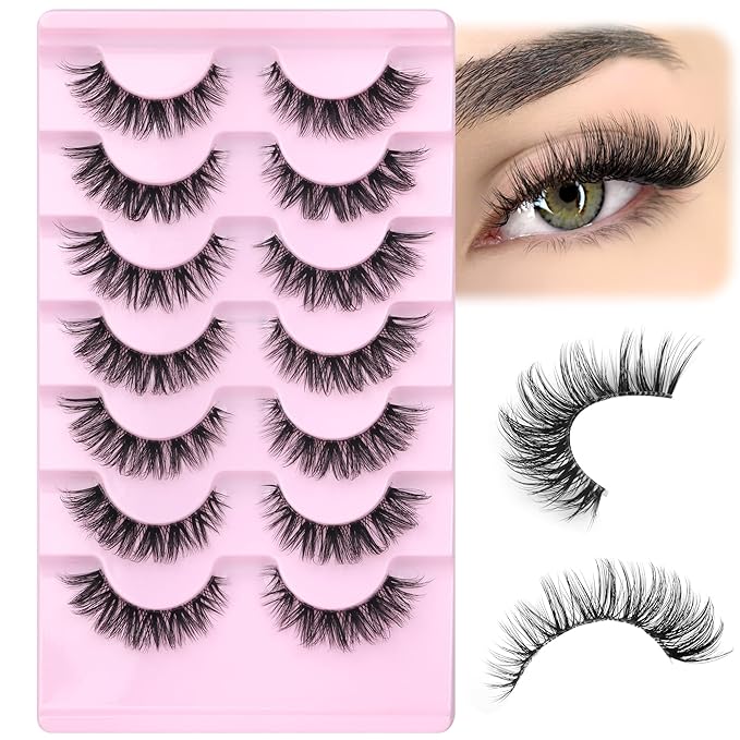 Wispy Lashes False Eyelashes Clear Band Cat Eye Lashes Natural Look 15MM Fake Eyelashes Pack Pestañas Postizas Naturales Wispy D Curvature Lashes, 7 Pairs