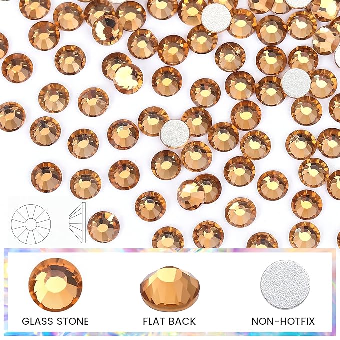 Novani Brown Rhinestones Flatback Rhinestones Glass Gems Stones Jewels Round Gemstones Non-Hotfix Crystal for Nail Crafts,SS12,1440 Pieces,Topaz