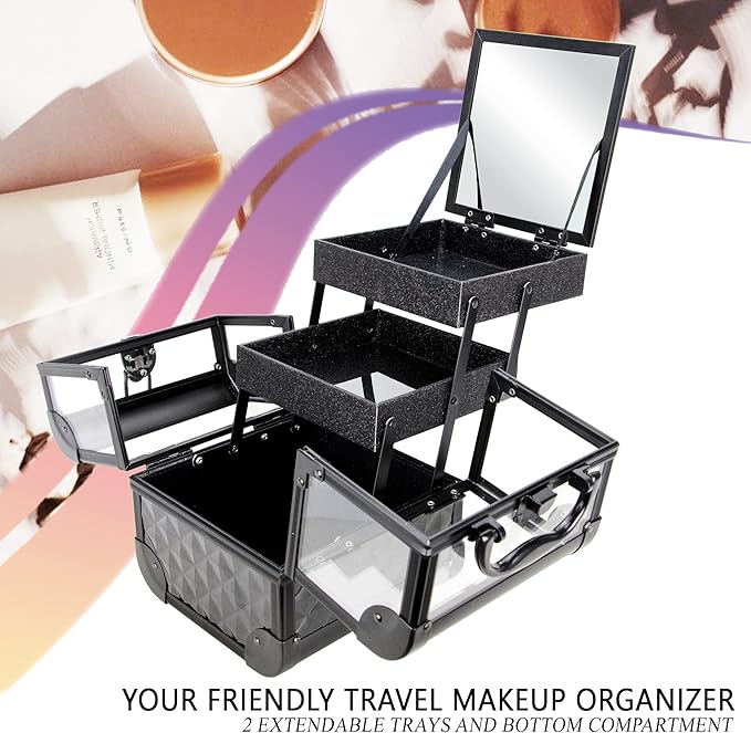 Ver Beauty Makeup Box Cosmetic Train Case with Clear Armored Acrylic Jewelry Organizer with 2 Tiers Trays and Mirror Lockable Portable Travel Cosmetic Display Aluminum Case (Black Diamond)