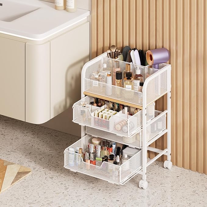 3 Drawers Makeup Cart Organizer with Divider, Under Desk Floor Skincare Organizers, Vanity Storage Organizer Cosmetics Display Cases for Skin Care Perfume Nail Polish, White