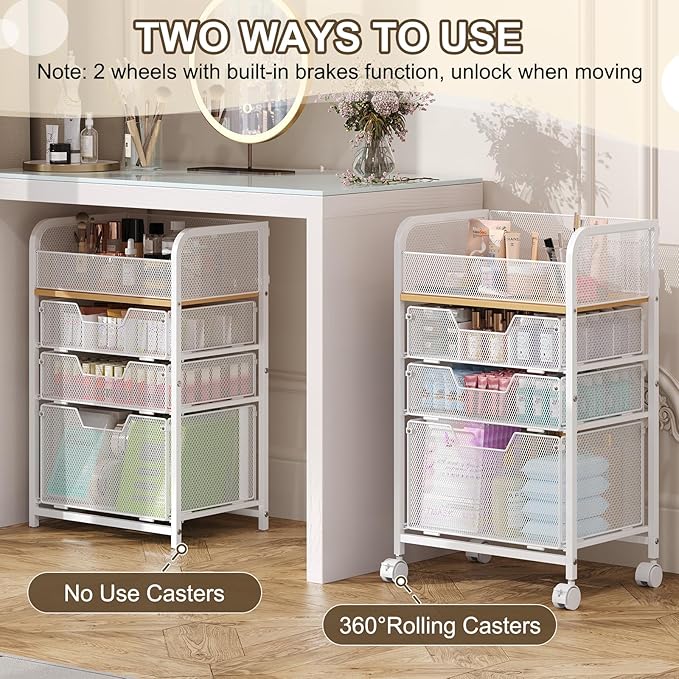 Rolling Makeup Cart Organizer with 3 Drawers, Floor Skincare Organizers with Wheels, Cosmetics Display Cases, Vanity Storage Organizer for Skin Care Perfume Nail Polish, White