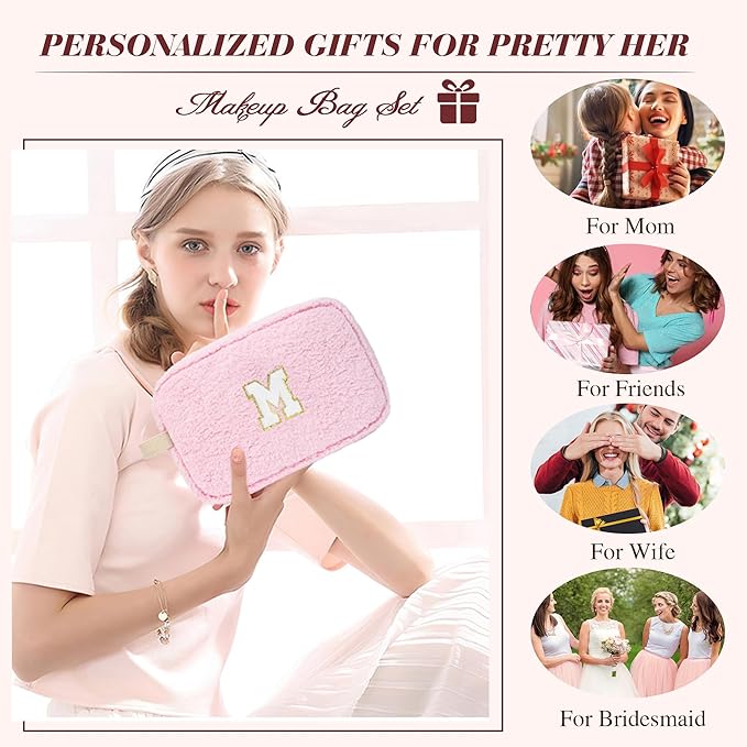 2PCS Makeup Bag with Initials, Valentines Day Gifts for Teen Girls Trendy Stuff, Personalized Cosmetic Travel Bag Pouch for Granddaughter, Cute Plush Make up Bags for Birthday - Pink R