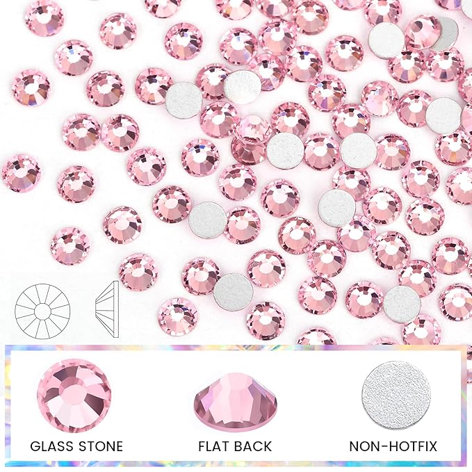 Novani Rhinestones 3000Pcs Flatback Crystal Round Loose Gemstones Glass Rhinestones for Crafts Makeup Nail Art Clothes Shoes DIY Decorations(SS10, 2.7-2.9mm,Pink)