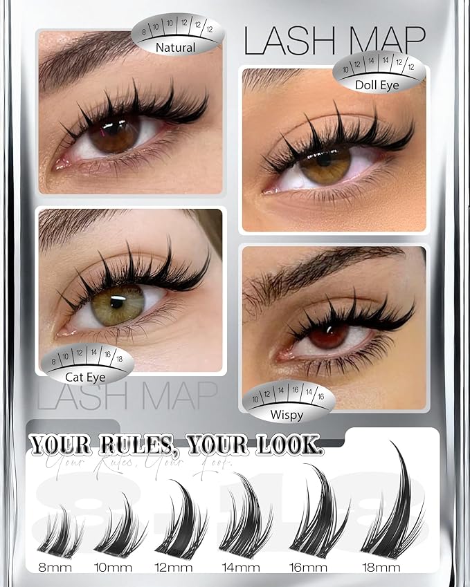 Viva Lash Clusters Kit Manga Eyelash Clusters Anime Individual Lashes Spiky Cluster Eyelash Extensions Kit 8-18MM Fairy Cluster Lashes Clear Band Lashes Clusters with Bond and Seal Lash Glue