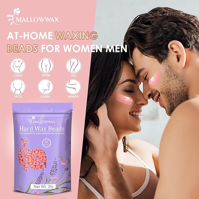 Mallowwax Hard Wax Beads for Hair Removal, 2LB – Premium Hair Removal Wax Refill for Sensitive Skin with Rose Formula, Ideal for Facial and Brazilian Areas