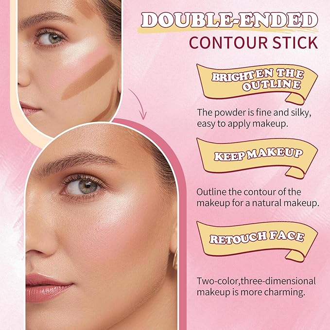 AWCCXMYM 6 Colors Cream Contour Stick Makeup Set Dual-ended Blush & Highlighter Bronzer Stick for Sculpt the Cheeks Long Lasting & Waterproof Matte Finish Face Contouring Set A