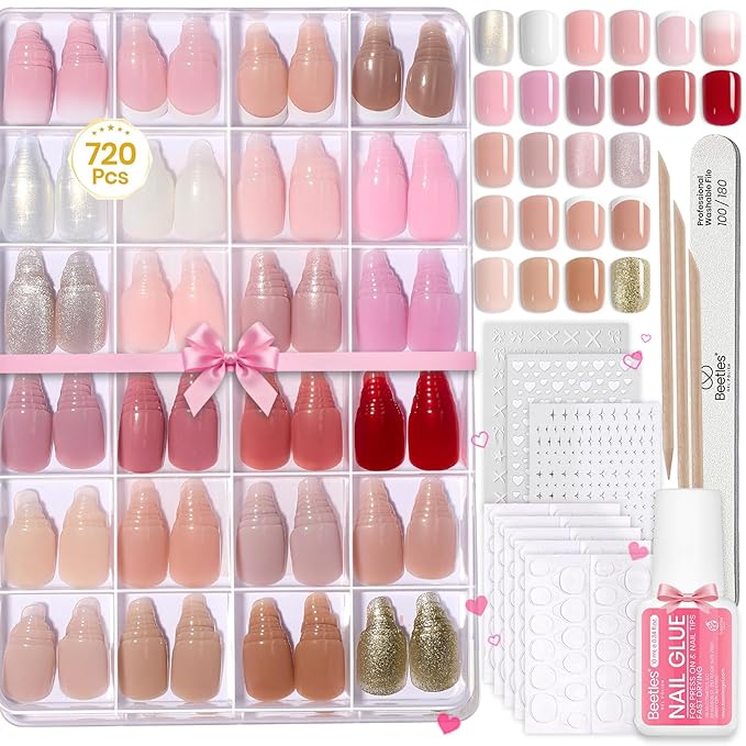Beetles Press On Nails Kit - Creamy Drizzle | 720Pcs 24 Colors Short Square Press On Nails | 15 Sizes French Glossy Glitter Jelly With Nail Glue & Nail Tabs Stickers, Fake Nails Kit Art For Women