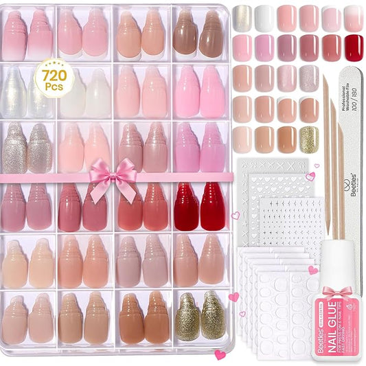 Beetles Press On Nails Kit - Creamy Drizzle | 720Pcs 24 Colors Short Square Press On Nails | 15 Sizes French Glossy Glitter Jelly With Nail Glue & Nail Tabs Stickers, Fake Nails Kit Art For Women