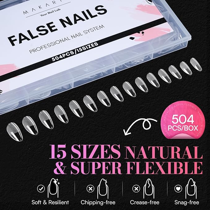 Makartt Medium Almond Nail Tips: 504 PCS, 15 Sizes, Half Matte, Clear Fake Nails Stiletto Shapes - Full Cover Soft Acrylic Press On Nail Extensions Supplies Salon and DIY at Home