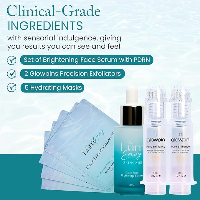 LúmEnvy Skincare Bundle – The Glow Between™ | Set of Brightening Face Serum with PDRN, Two Glowpins Precision Exfoliators & 5 Hydrating Masks | Radiant, Luminous Skin Care